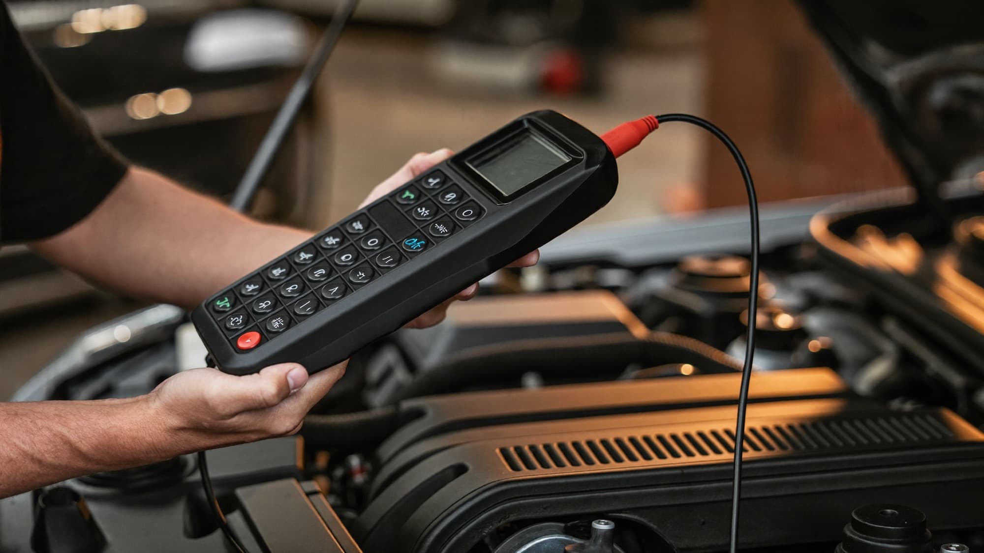 A technician using a diagnostic scan tool under the hood